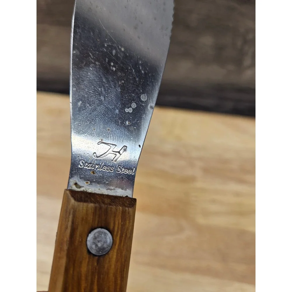 Vintage JH Stainless Steel Sandwich Spreader Serrated Knife Wood Handle 8.25